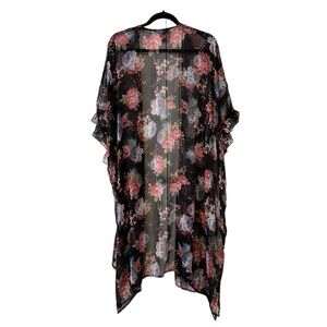 Betsey Johnson Sheer Black & Pink Floral Cardigan Cover Up Kimono